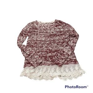 Rewind Lace Trimmed Burgundy Marled Pullover Sweater